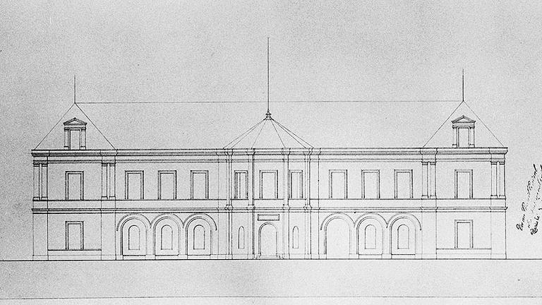 Album de 11 planches : projet d'hôtel de ville. Planche 9 : façade sur la deuxième cour.