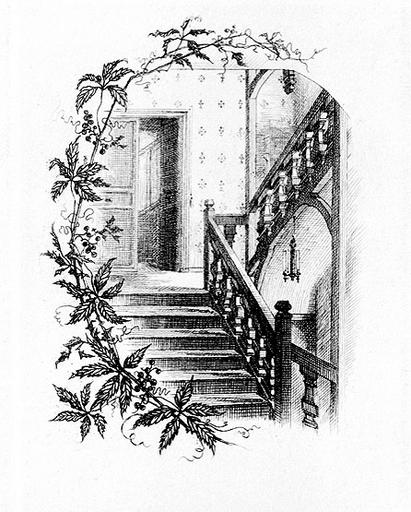 En-tête représentant l'escalier à balustres, 17e siècle, de la maison de M. Féron, notaire, 6 rue du Palais de Justice (conservé).