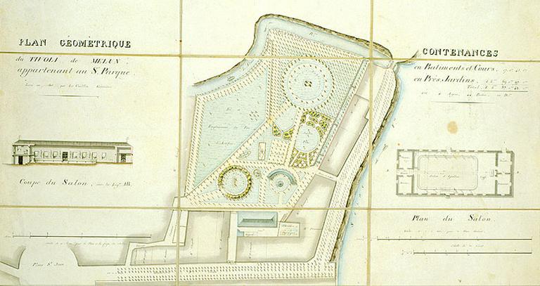 'Plan géométrique du Tivoli de Melun appartenant au sieur Parque. Levé en 1825 par Le Caillon géomètre. éch. 1/625e.'