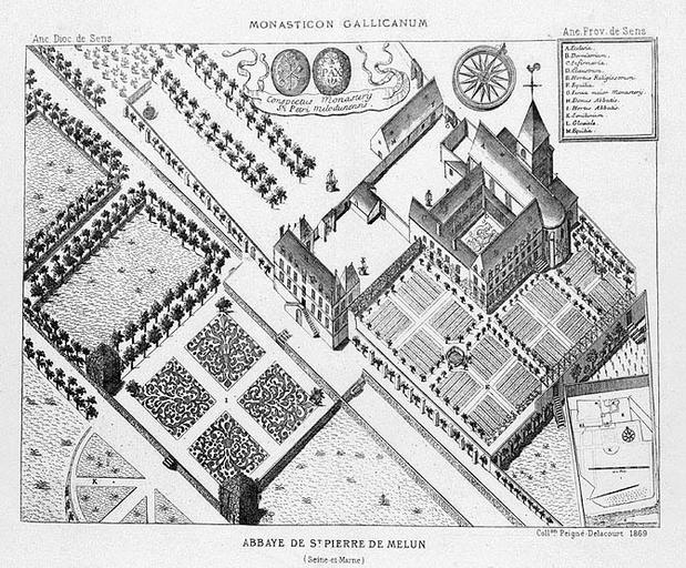 L'abbaye vue à vol d'oiseau, dans son état du XVIIIe siècle. Gravure extraite du 'Monasticon gallicanum'.