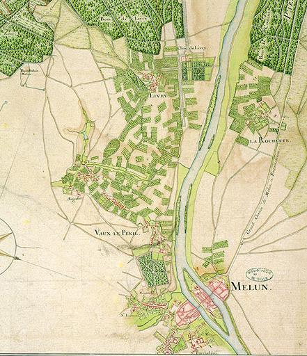 'Livre de plans de la seigneurie de Sivry et vicomté de Melun, faisant partie de la duché-pairie de Villars, par P. Desquinemare géographe du Roy' (1740) : carte générale. Cette carte est suivie de trois autres planches présentant les possessions du vicomte de Melun sur les paroisses Saint-Aspais, Saint-Etienne et Saint-Ambroise (voir dossiers IA77000708 à 710).