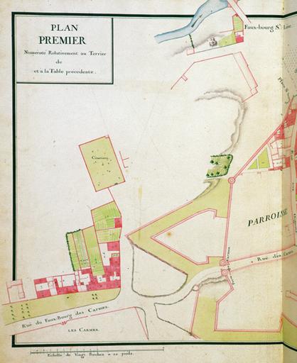 Livre de plans de la seigneurie de Sivry et vicomté de Melun, faisant partie de la duché-pairie de Villars, par P. Desquinemare géographe du Roy (1740). Melun, plan premier : paroisse Saint-Aspais, page gauche (partie nord).