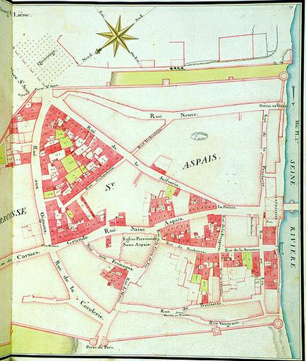 Livre de plans de la seigneurie de Sivry et vicomté de Melun, faisant partie de la duché-pairie de Villars, par P. Desquinemare géographe du Roy (1740). Melun, plan premier : paroisse Saint-Aspais, page droite (partie sud).