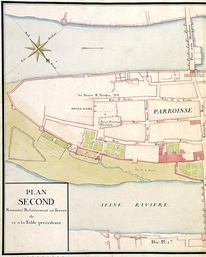 Livre de plans de la seigneurie de Sivry et vicomté de Melun, faisant partie de la duché-pairie de Villars, par P. Desquinemare géographe du Roy (1740). Melun, plan second : paroisse Saint-Etienne, page gauche (partie est).