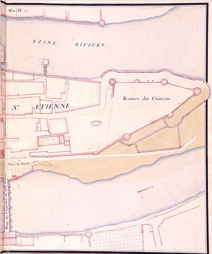 Livre de plans de la seigneurie de Sivry et vicomté de Melun, faisant partie de la duché-pairie de Villars, par P. Desquinemare géographe du Roy (1740). Melun, plan second : paroisse Saint-Etienne, page droite (partie ouest).