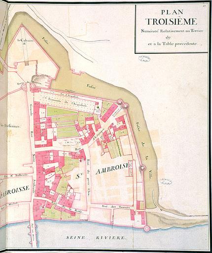 Livre de plans de la seigneurie de Sivry et vicomté de Melun, faisant partie de la duché-pairie de Villars, par P. Desquinemare géographe du Roy (1740). Melun, plan troisième : paroisse Saint-Ambroise, page droite (partie ouest).