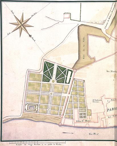 Livre de plans de la seigneurie de Sivry et vicomté de Melun, faisant partie de la duché-pairie de Villars, par P. Desquinemare géographe du Roy (1740). Melun, plan troisième : paroisse Saint-Ambroise, page gauche (partie est).