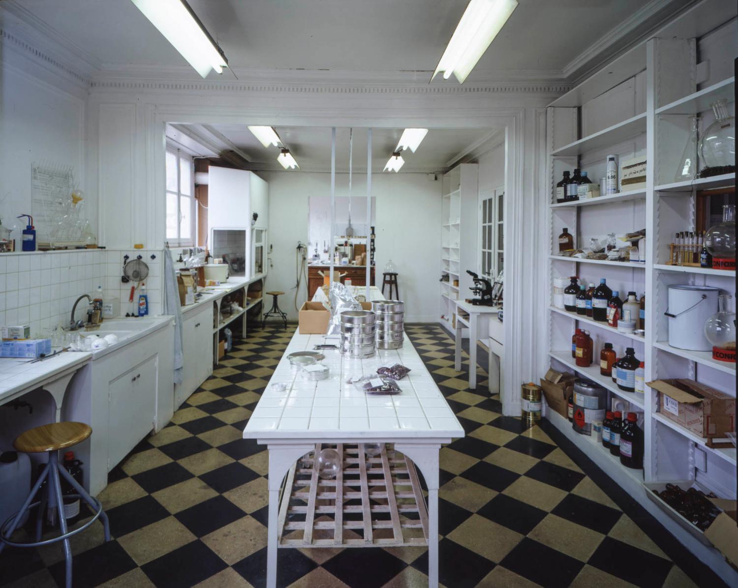 Vue de la dernière pièce du laboratoire (1er étage du bâtiment F). A gauche, solvants pour la chromatographie. Au centre, sur l'étagère, témoins de plantes pour le contrôle des arrivages au microscope.