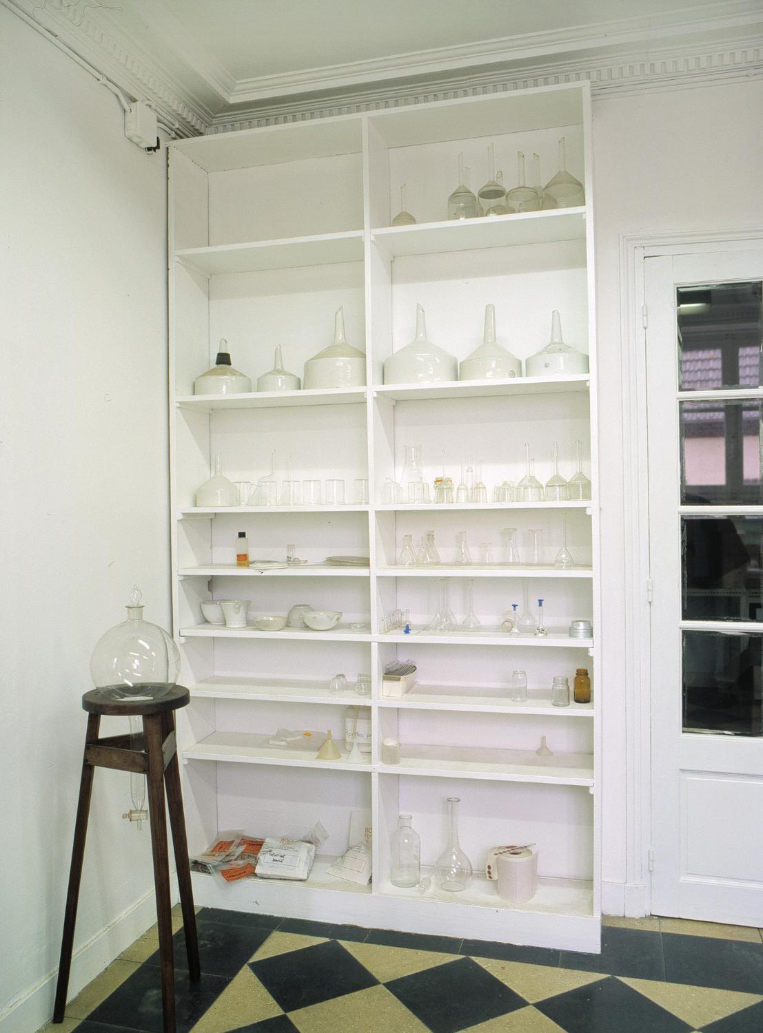 Laboratoire (1er étage du bâtiment G), une étagère servant de rangement pour la verrerie.