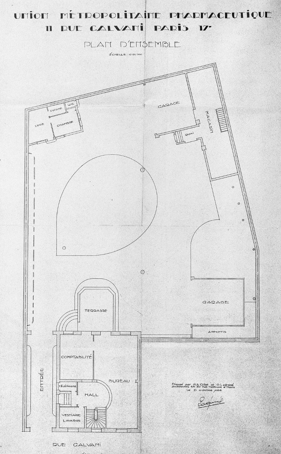 Plan d'ensemble de l'hôtel particulier acheté par la maison Fouché et réaménagé en bureaux, situé au 11 rue Galvani, 75017 Paris. Dressé par M.A. Gillet et O. Lagrené, architectes 80 rue Taitbout à Paris, le 21 octobre 1938.