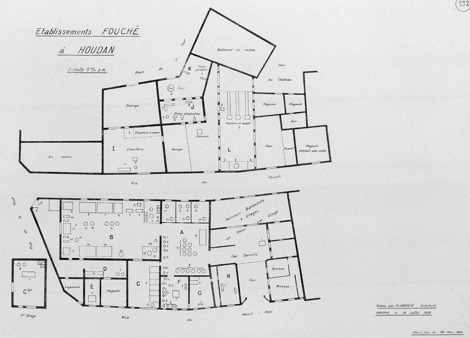 Plan d'ensemble des établissements Fouché à Houdan. Dressé par M. Lagrené, architecte, le 18 juillet 1938, mis à jour le 26 novembre 1943.