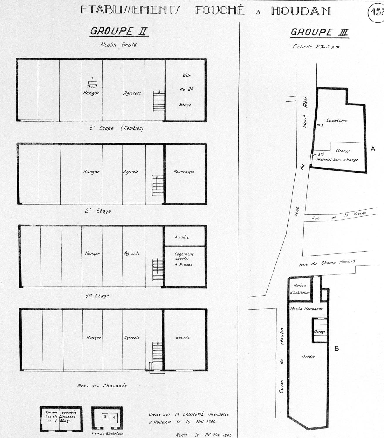 Plan de bâtiments appartenant aux établissements Fouché à Houdan. Dressé par M. Lagrené, architecte à Houdan, le 10 mai 1940, révisé le 26 novembre 1943. Les quatre niveaux du Moulin Brûlé, hangar agricole permettant le stockage des plantes à leur arrivée sur site. Maison "normande" à l'angle de la rue du Champ Morand, construite par la maison Fouché pour loger 4 familles du personnel d'encadrement. Edicule abritant les pompes électriques alimentant en eau de refroidissement l'usine depuis le ru. Maison mise en location, 3 rue du Mont-Rôti.