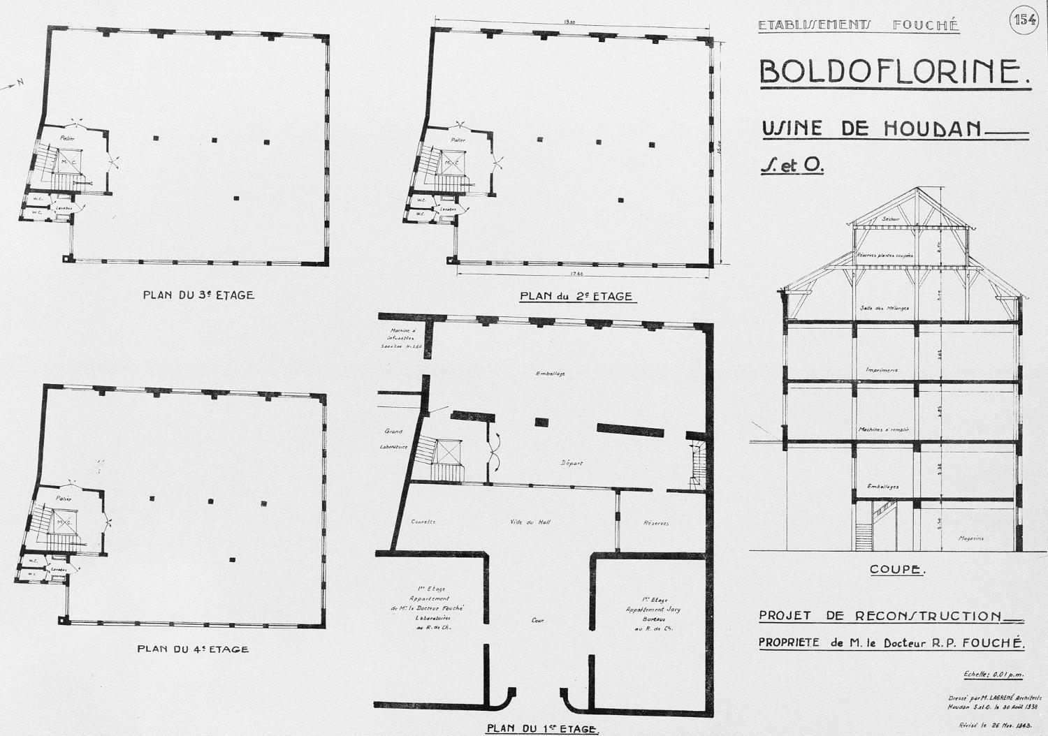 Projet de reconstruction du bâtiment principal des établissements Fouché à Houdan. Dressé par M. Lagrené, architecte, le 30 août 1938, révisé le 26 novembre 1943. Plan des quatre étages au dessus du rez-de-chaussée et coupe transversale. Les plantes, coupées dans l'atelier L, côté rue des Fossés, étaient montées grâce au monte-charge au 5è étage pour être stockées et redescendaient par gravité pour leur mise en oeuvre, jusqu'aux colis en partance, stockés dans le magasin du RDC.
