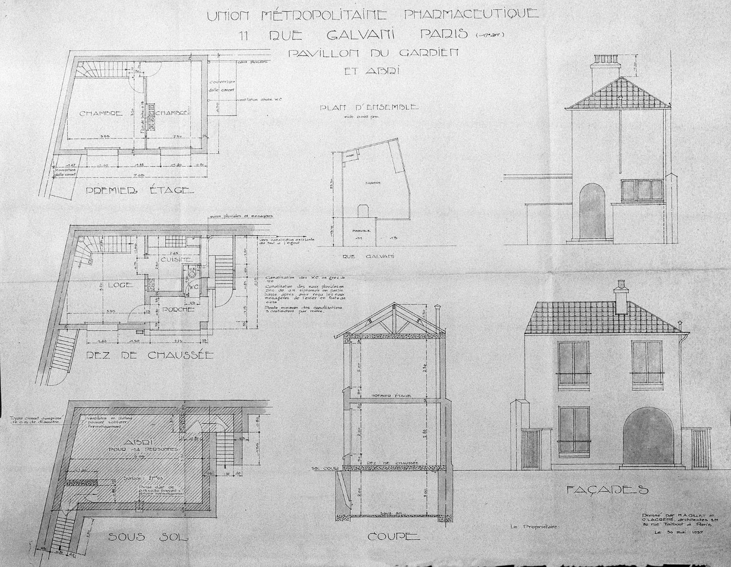 Plans, coupe et élévations du pavillon du gardien et de l'abri pour 14 personnes en sous-sol, situés en fond de parcelle de l'hôtel particulier aménagé en bureaux, 11 rue Galvani, 75017 Paris. Dressé par M.A. Gillet et O. Lagrené, architectes 80 rue Taitbout à Paris, le 30 mai 1937.
