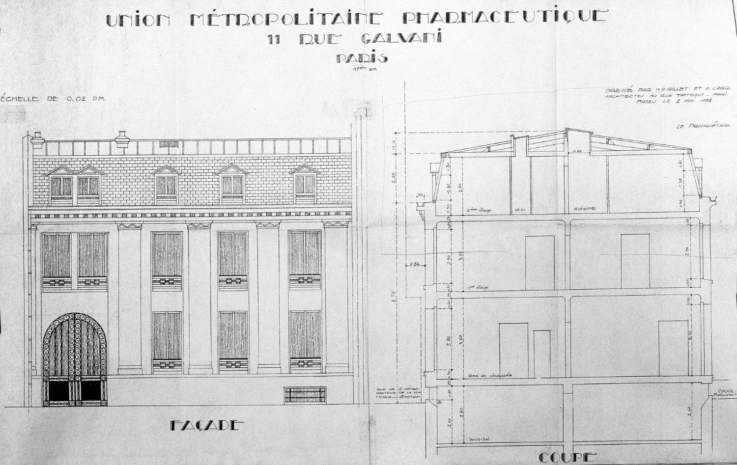 Elévation sur la rue et coupe de l'hôtel particulier aménagé en bureaux, situé au 11 rue Galvani, 75017 Paris. Dressé par M.A. Gillet et O. Lagrené, architectes 80 rue Taitbout à Paris, le 2 mai 1938.