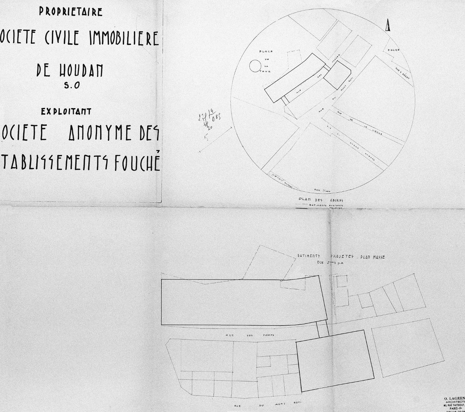 Plan des abords et plan masse de bâtiments projetés rue du Mont-Rôti et rue des Fossés, reliés par une passerelle. Projet non réalisé. Dressé par O. Lagrené, architecte, 80 rue Taibout, 75009 Paris. Sans date.