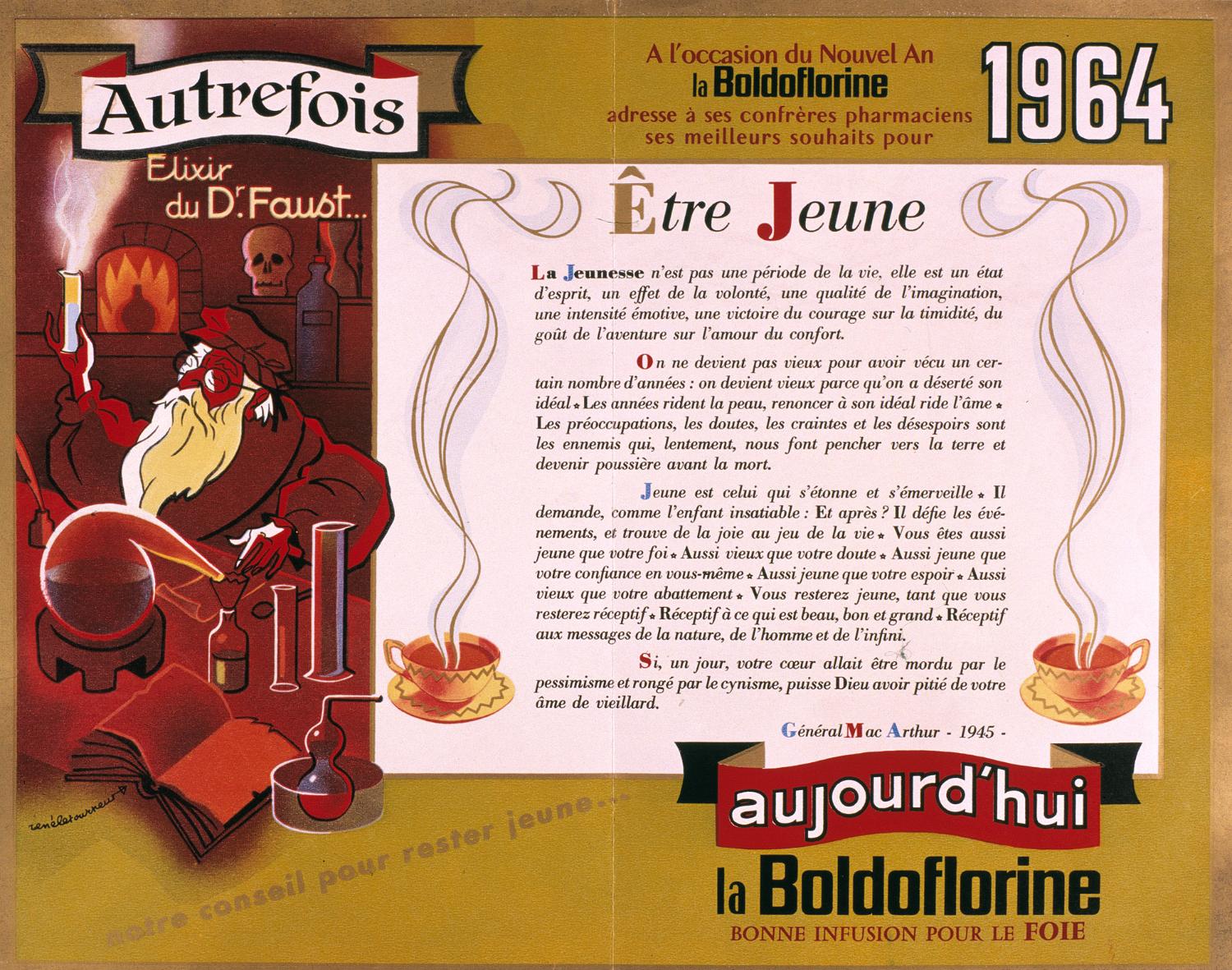 Carte de voeux de la Boldoflorine, adressée aux pharmaciens en 1964. Citation d'un texte du général Mac Arthur de 1945 "Etre jeune". Illustration signée René Letourneur. Coll. Fouché.
