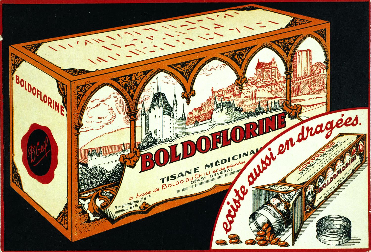 Publicité représentant la boite de tisane Boldoflorine et le tube de dragées, dans leur version néo-gothique. Sans date. Coll. Fouché. Présence du docteur Creil, personnage inventé pour les besoins de communication de l'entreprise et qui disparaitra avec Publicis.
