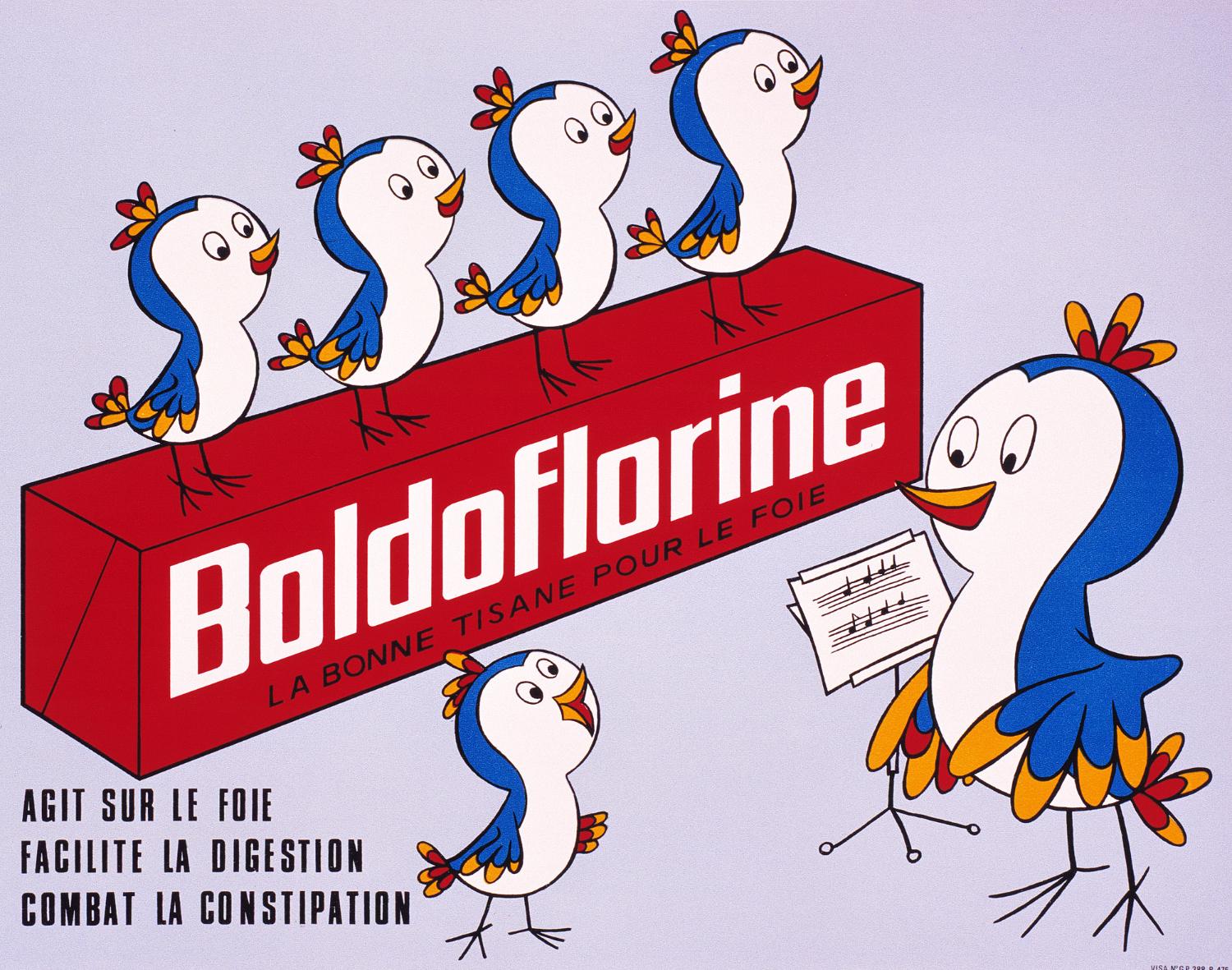 Publicité pour la Boldoflorine représentant de petits oiseaux chantant. Sans date. Coll. Fouché.