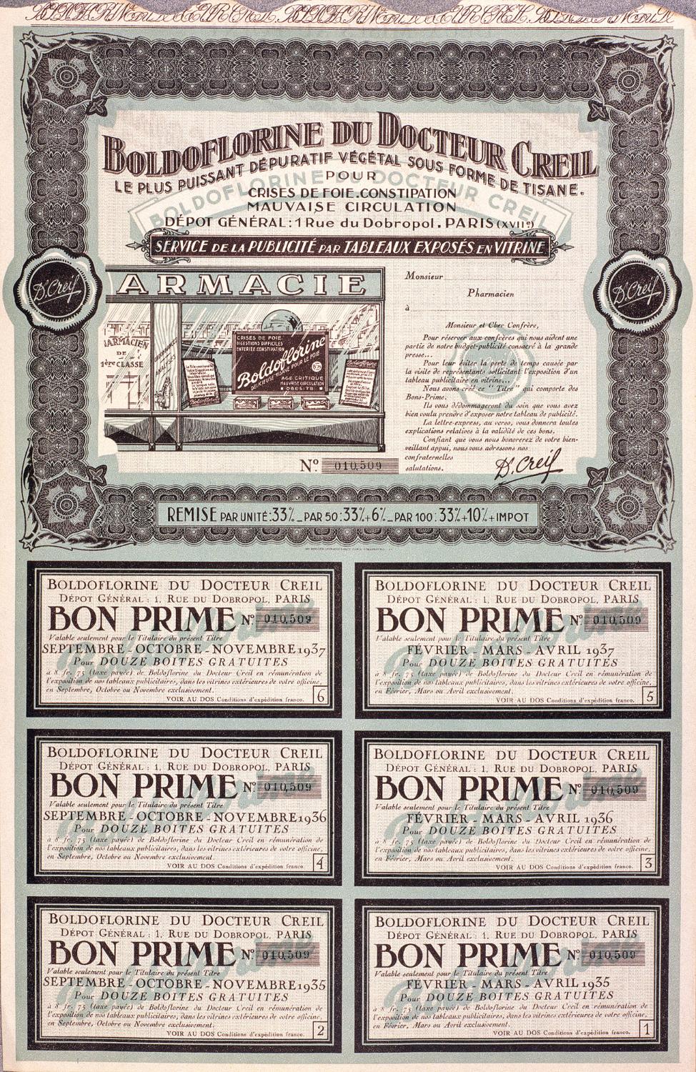 Planche de "bons primes" envoyés aux pharmaciens, leur attribuant par trimestre des boîtes gratuites de Boldoflorine en échange d'une exposition de tableaux publicitaires dans leur vitrine. 1935. Coll. Fouché. Il s'agit des premières publicités de l'entreprise, pilotées par le docteur René-Paul Fouché, avant la collaboration avec Publicis, à la fin des années 30. Présence du docteur Creil, personnage inventé pour les besoins de communication de l'entreprise et qui disparaitra avec Publicis.