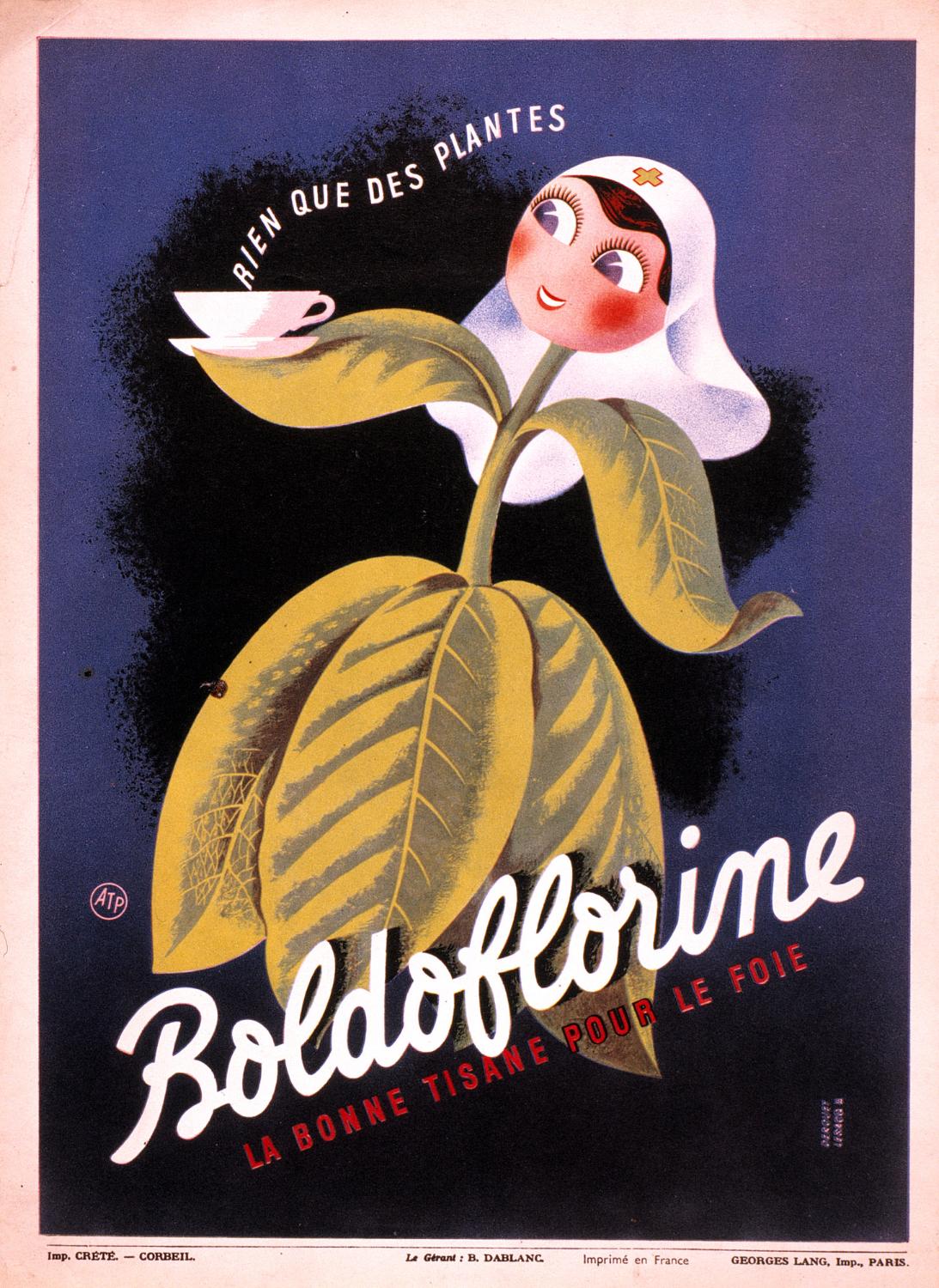 Publicité pour la tisane Boldoflorine représentant une infirmière (évocation des volontaires de la guerre de 14) au corps formé d'une plante tenant une tasse de tisane (fond bleu). Illustration signée "Derouet Lesacq". Publicité signée "ATP". 1938. Coll. Fouché.