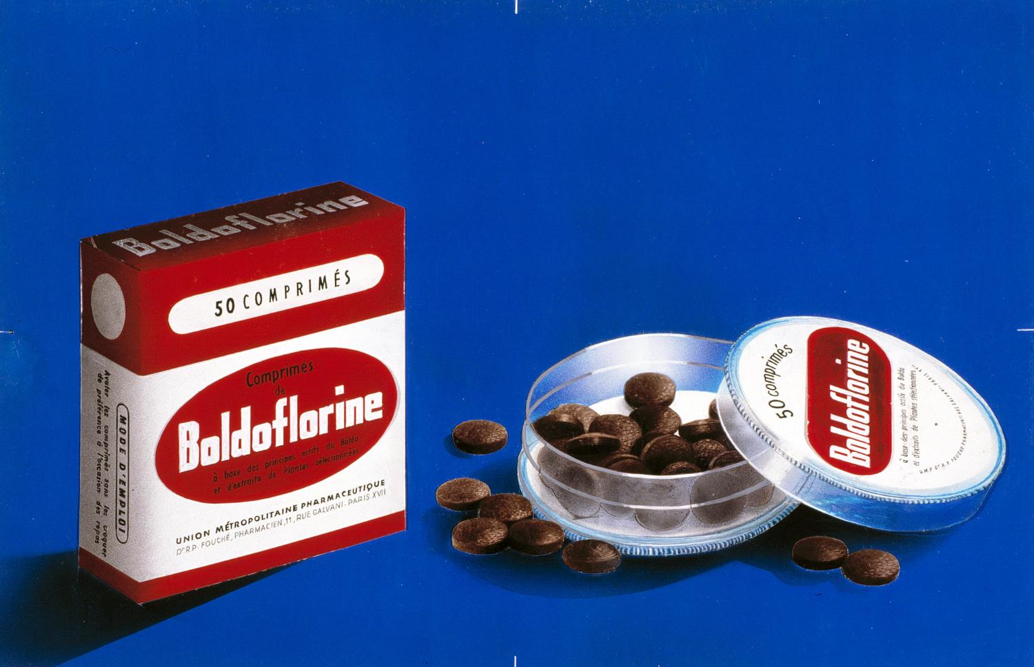 Publicité pour les comprimés de Boldoflorine en boite plastique. Cette formule eu moins de succès que la tisane. Coll. Fouché.