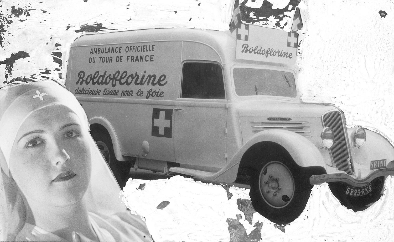 Photomontage pour un projet de publicité ?? avec l'ambulance officielle du tour de France et le visage d'une infirmière.