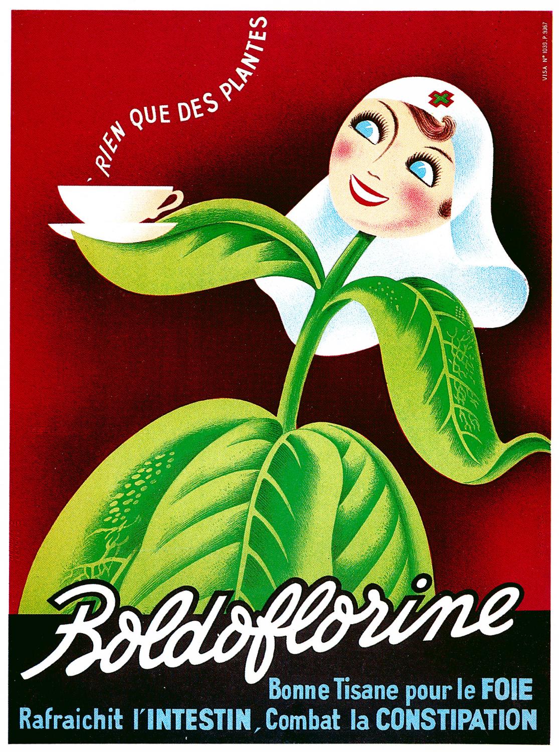 Publicité pour la tisane Boldoflorine représentant une infirmière au corps formé d'une plante tenant une tasse de tisane (fond rouge).