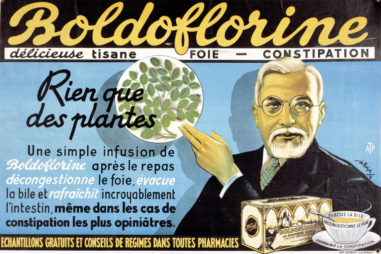 Publicité pour la tisane Boldoflorine représentant le docteur Creil. Illustration signée de Rosa 38. Coll. Fouché. Il s'agit des premières publicités de l'entreprise, pilotées par le docteur René-Paul Fouché, d'ou leur caractère scientifique, avant la collaboration avec Publicis, à la fin des années 30. Présence du docteur Creil, personnage inventé pour les besoins de communication de l'entreprise et qui disparaitra avec Publicis.