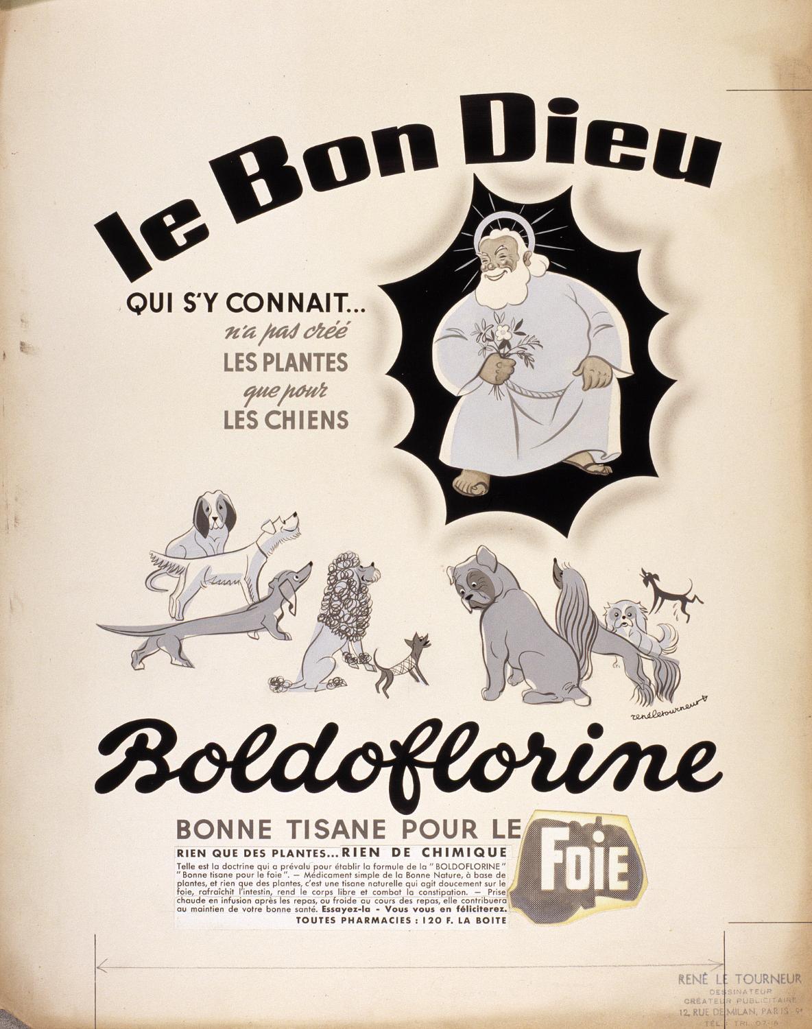 projet de publicité pour la tisane Boldoflorine "le Bon Dieu qui s'y connait". Illustration signée René Letourneur. Non daté. Coll. Fouché.