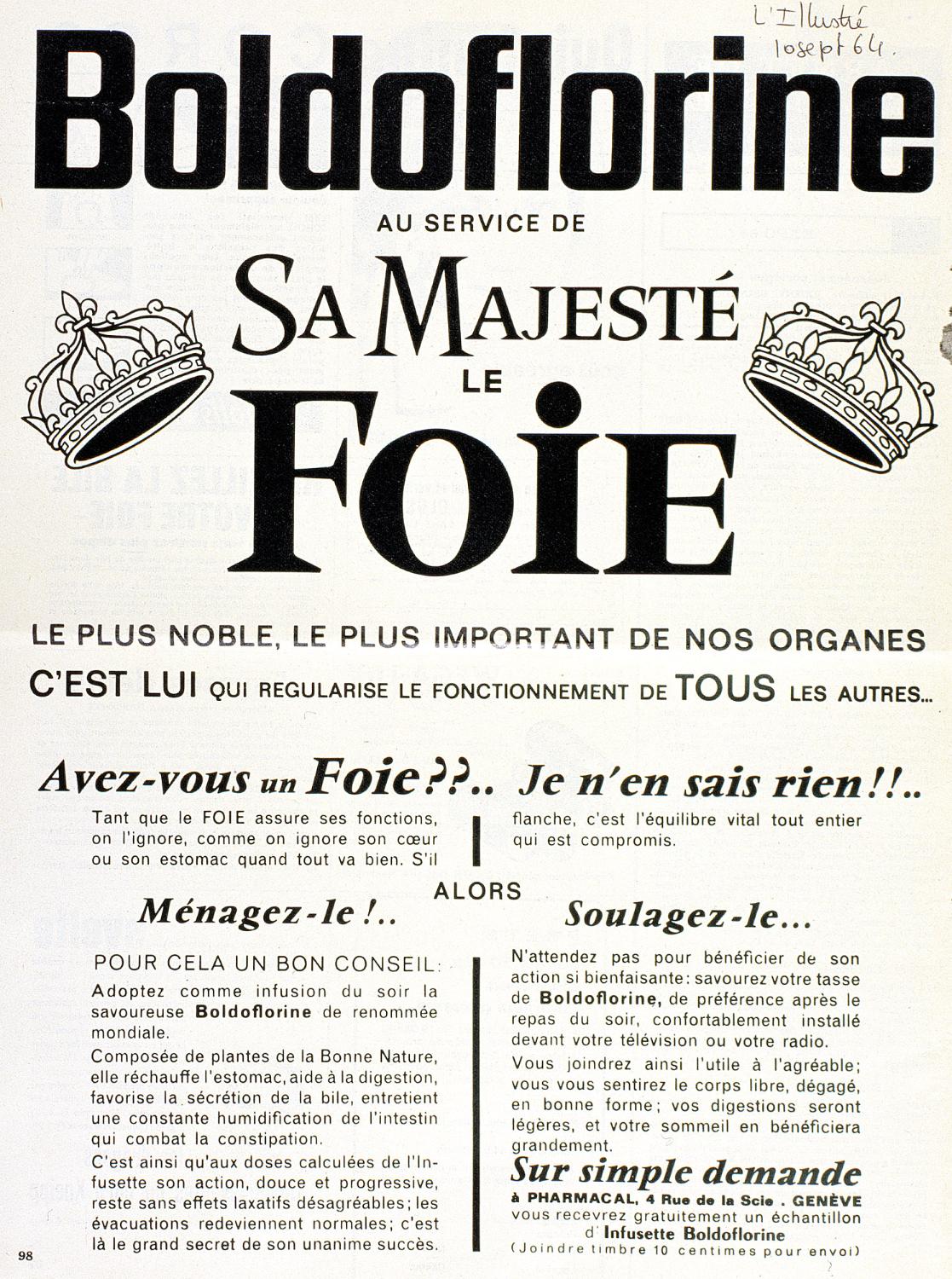 Publicité parue dans l'Illustré (journal suisse) le 10 septembre 1964 "Boldoflorine au service de sa majesté le foie". Coll. Fouché.