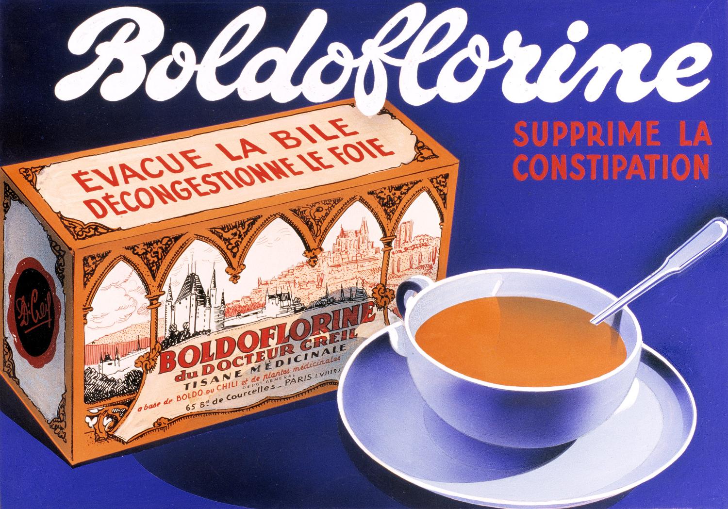 Publicité pour la Boldoflorine représentant une tasse de tisane et la fameuse boite de vrac 125 grs, (présence de la mention du docteur Creil et de la première adresse parisienne : 65 bld de Courcelles Paris VIIIe). Coll. Fouché. Début des années 30.