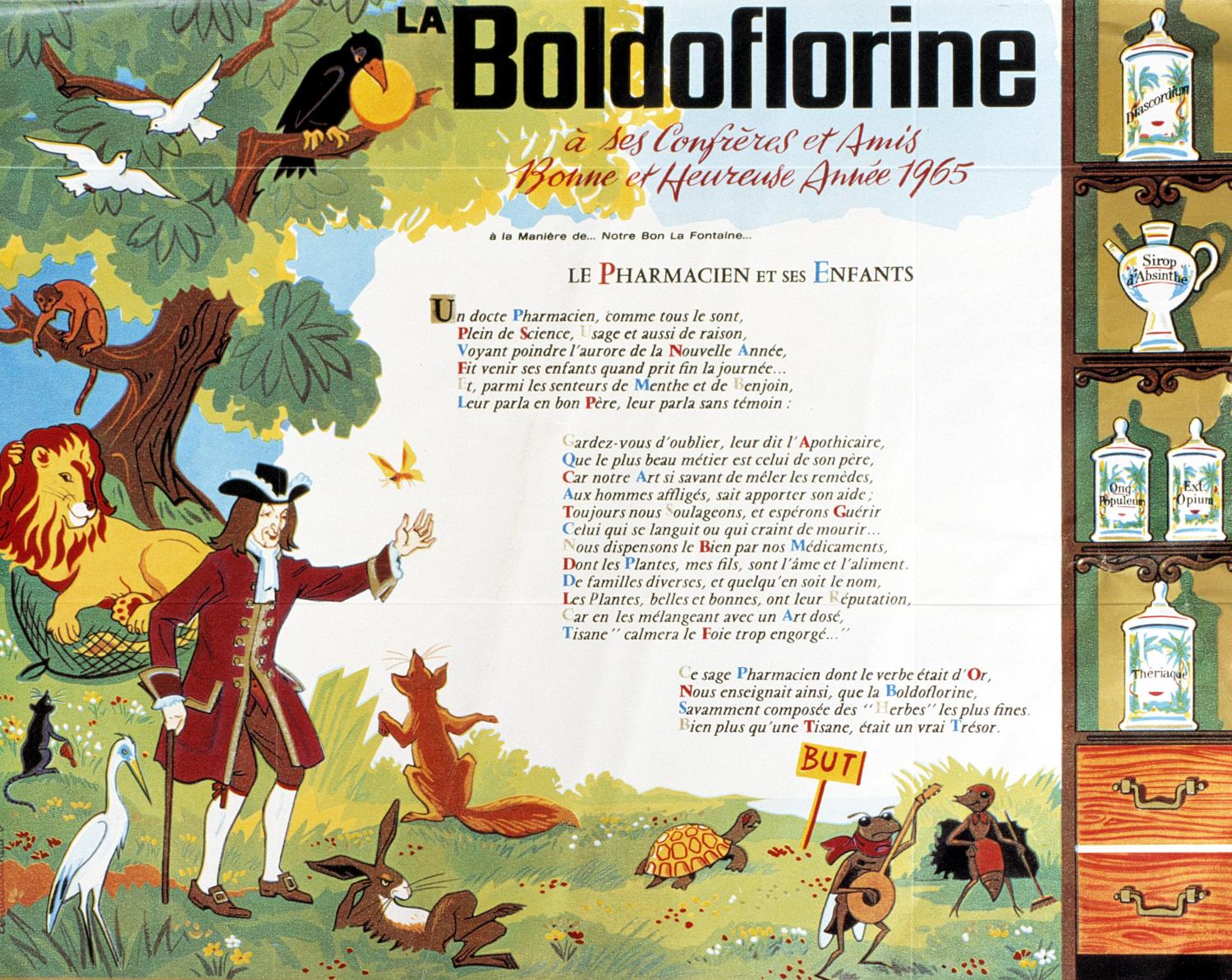 Carte de voeux de la Boldoflorine pour 1965, à la manière d'une fable de La Fontaine. Coll. Fouché. Signature en bas à gauche René Le Tourneur.