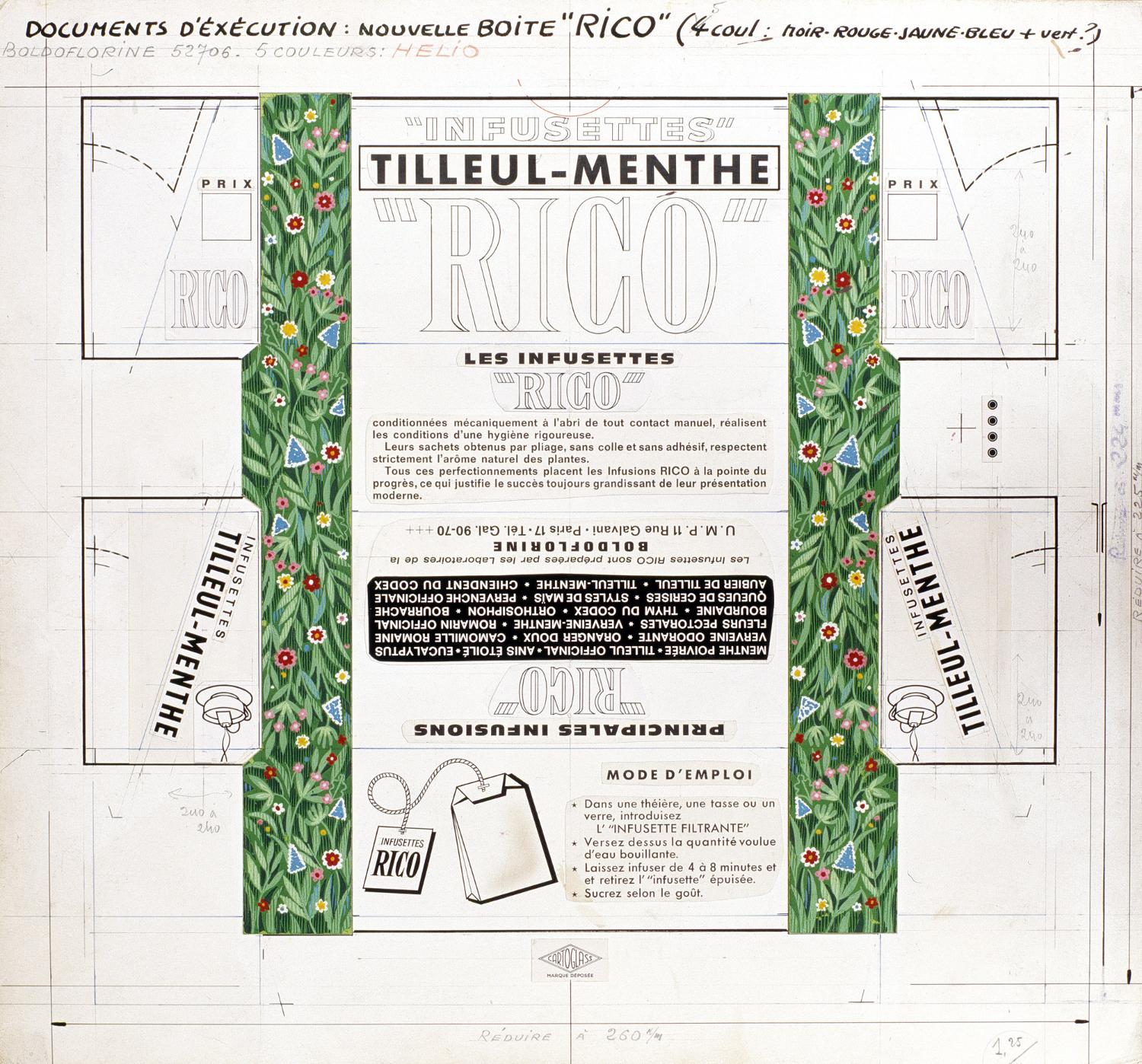 Projet de boite pour les tisanes en "infusettes" RICO. Coll. Fouché. Vers 1965, essai de production des tisanes 'simples' (verveine, tilleul...) durant 2 ou 3 ans sous cette nouvelle marque. Les boites étaient petites (juste le format de l'infusette sans la bande étiquette l'entourant) et ne contenaient que quelques sachets afin de gagner de la place dans les placards des ménagères. Echec commercial.