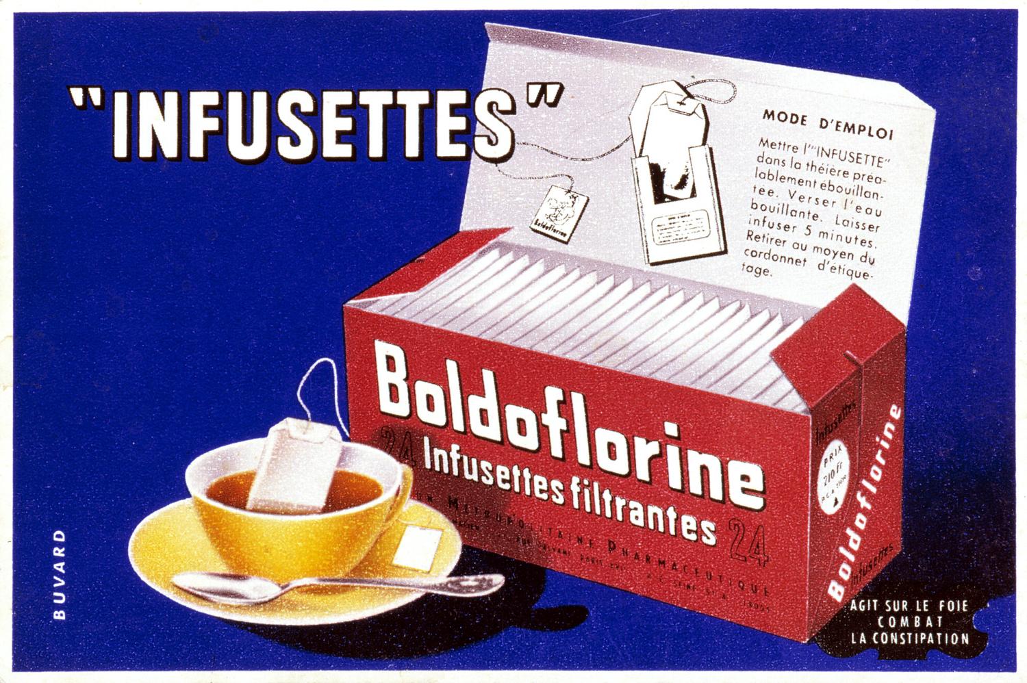 Buvard publicitaire pour les "infusettes" de Boldoflorine distribué dans les écoles. Coll. Fouché. Vers 1955.