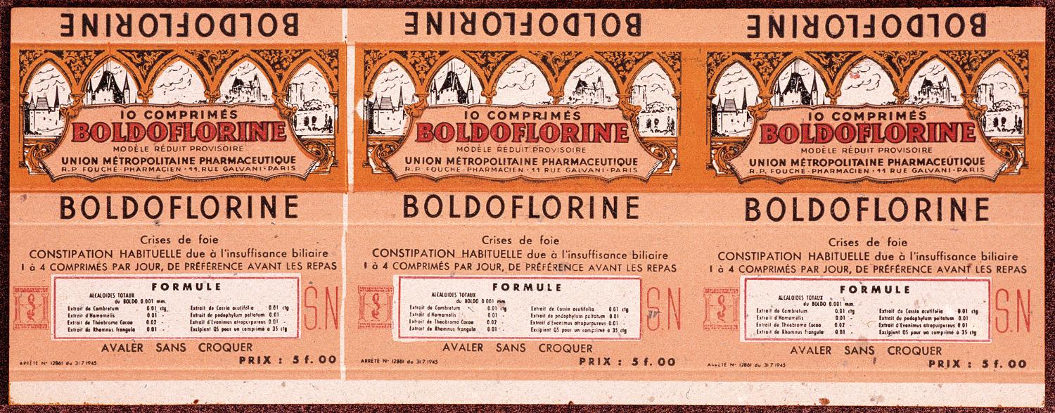 Emballage pour des boites de 10 comprimés de Boldoflorine vendus sous blister (présentation alumino-plastique). Coll. Fouché. Echec commercial.