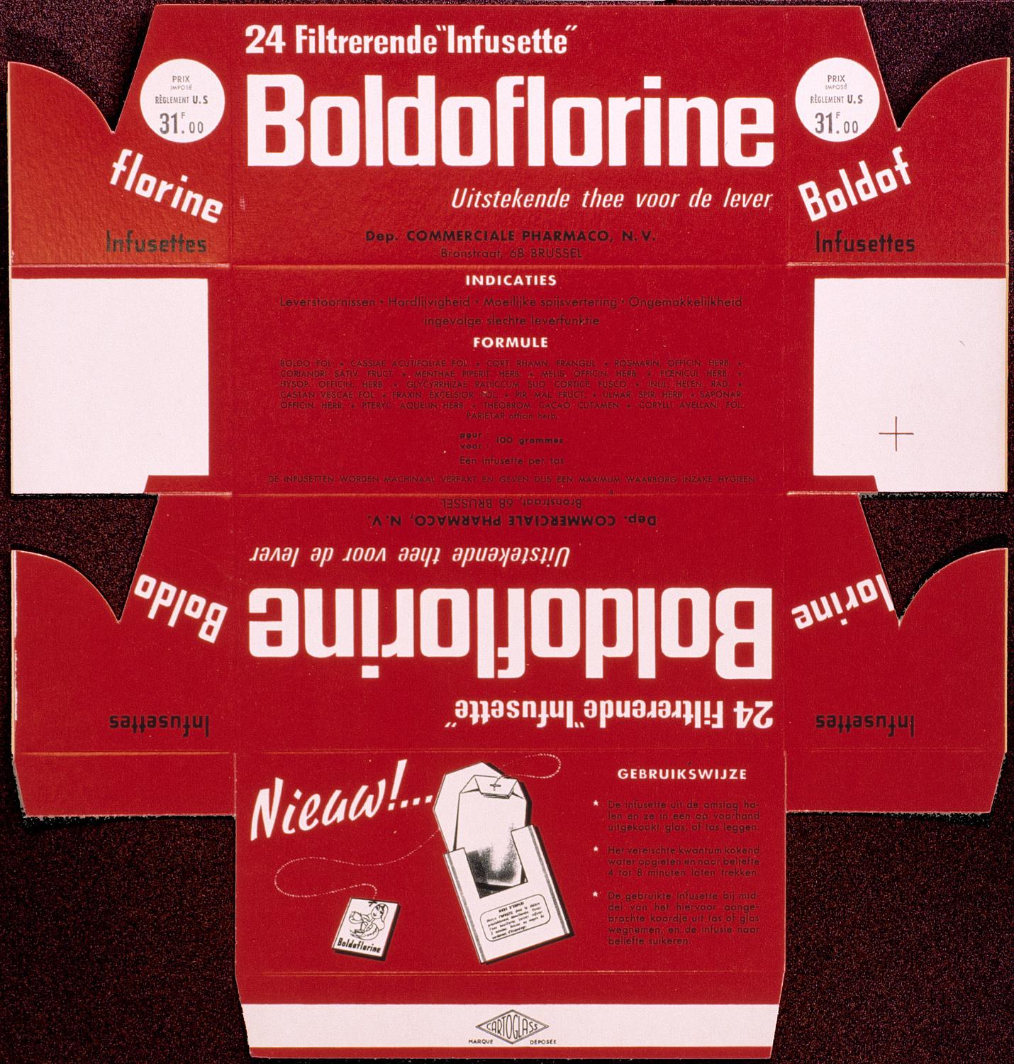 Boite pour 24 infusettes de Boldoflorine. Fabrication pour la Belgique, texte en flamand. Coll. Fouché. L'emballage en infusette date de l'après-guerre, la présentation originelle, en vrac, perdurant.