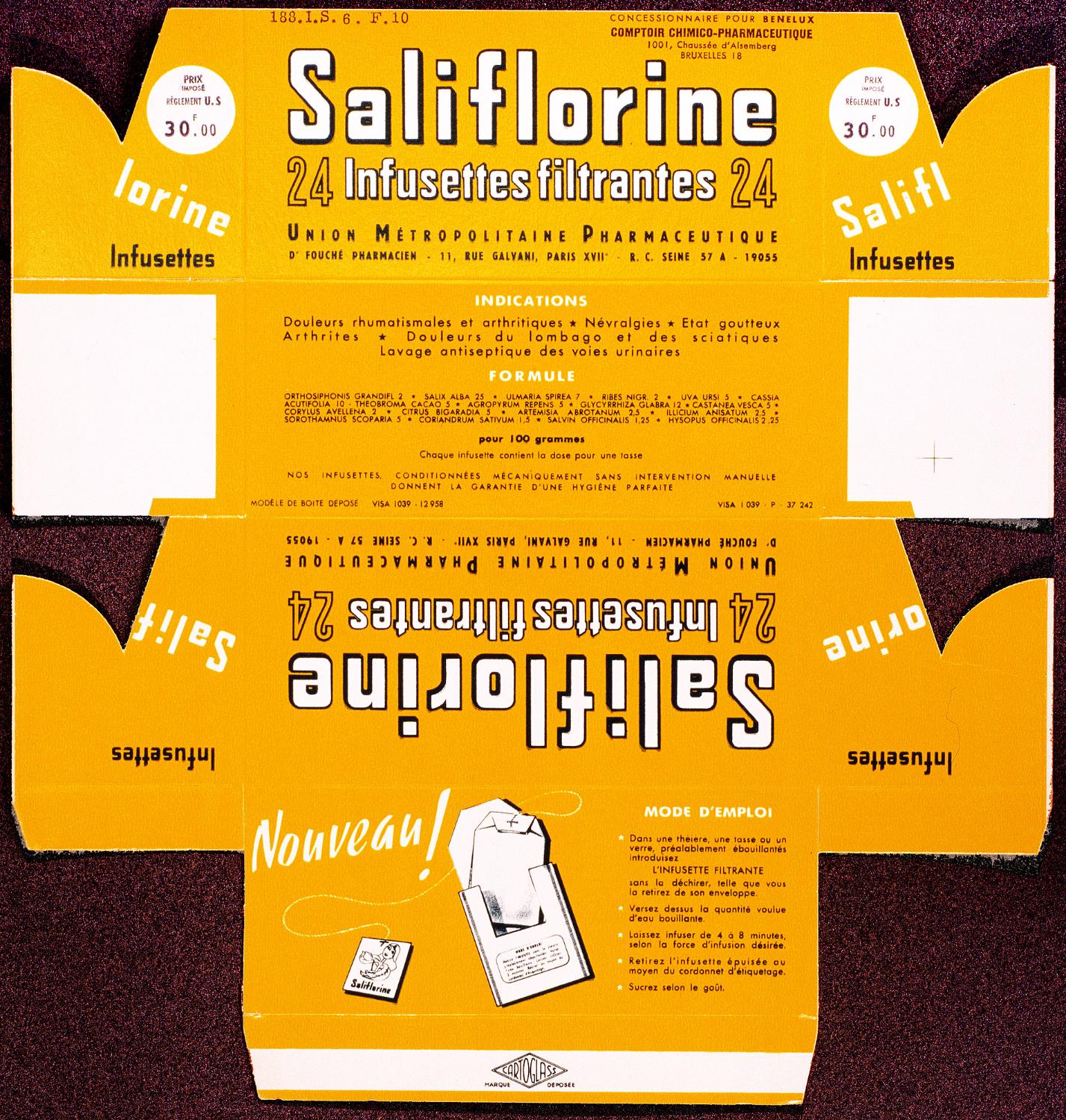 Boite pour 24 infusettes filtrantes de Saliflorine. Fabrication pour le Benelux, texte en français. Coll. Fouché. La saliflorine changea de nom pour devenir la doriflorine, mais ne connut pas pour autant plus de succès.