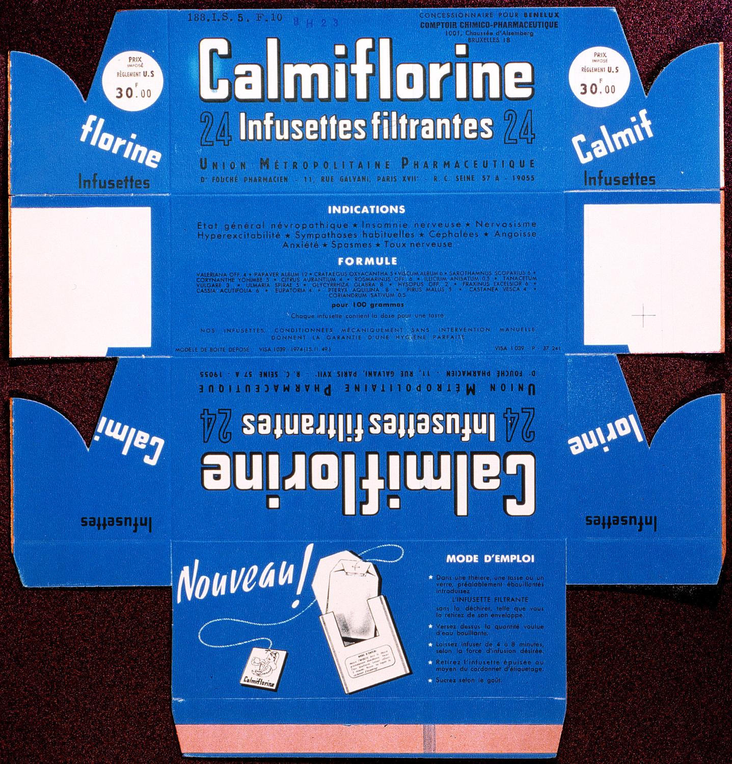 Boite pour 24 infusettes filtrantes de calmiflorine. Fabrication pour le Benelux, texte en français. Coll. Fouché.