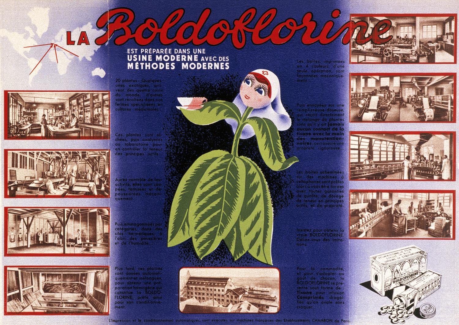Dépliant publicitaire vantant les mérites de la Boldoflorine préparée "dans une usine moderne avec des méthodes modernes". Plusieurs photos des ateliers en activité. Coll. Fouché. Fin des années 30. La photo du bâtiment principal est truquée pour donner plus d'ampleur à la constrctuction, elle est doublée.