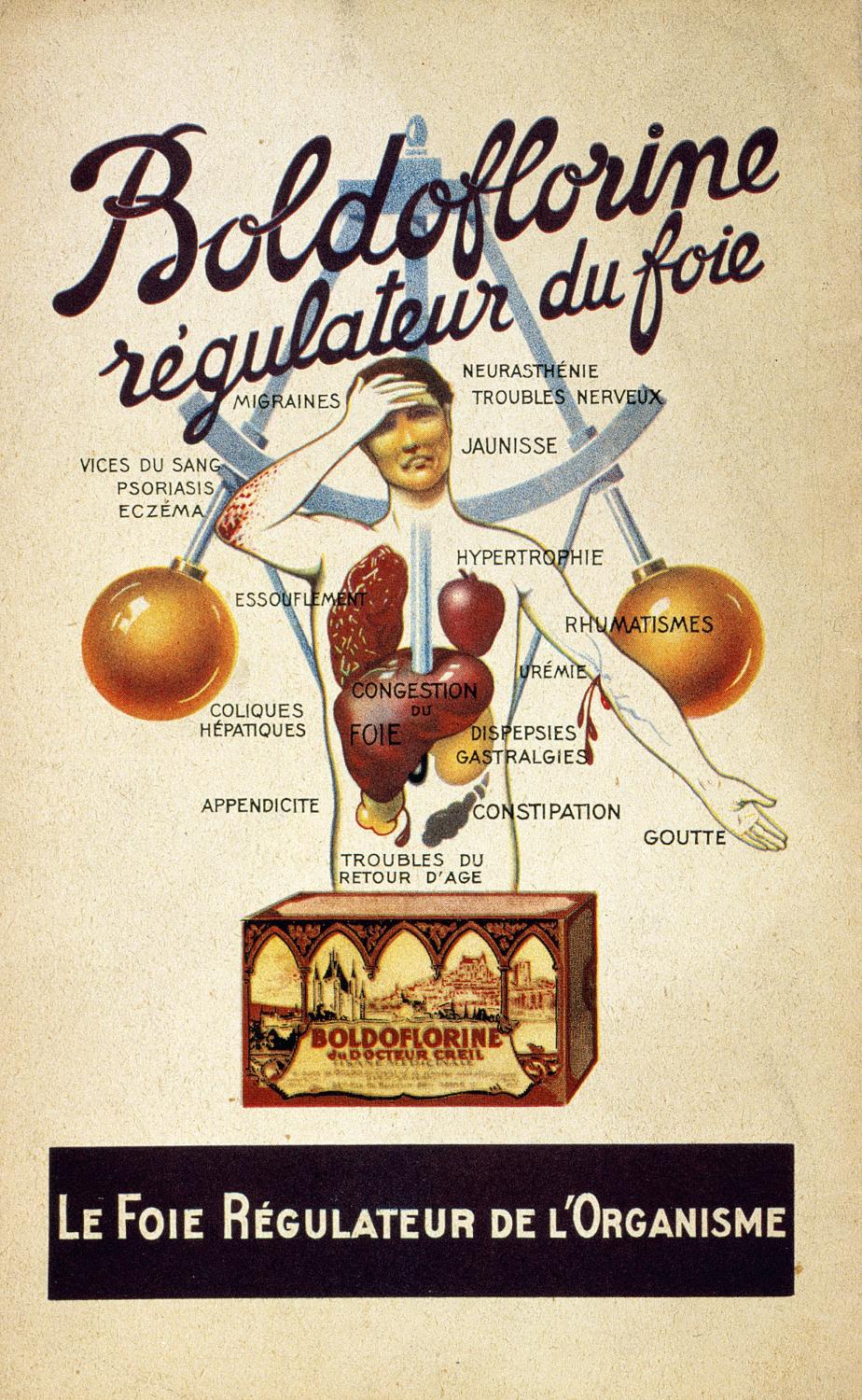 Publicité pour la Boldoflorine "régulateur du foie". Coll. Fouché. Il s'agit des premières publicités de l'entreprise, pilotées par le docteur René-Paul Fouché, d'ou leur caractère scientifique, avant la collaboration avec Publicis, à la fin des années 30. Présence du docteur Creil, personnage inventé pour les besoins de communication de l'entreprise et qui disparaitra avec Publicis.