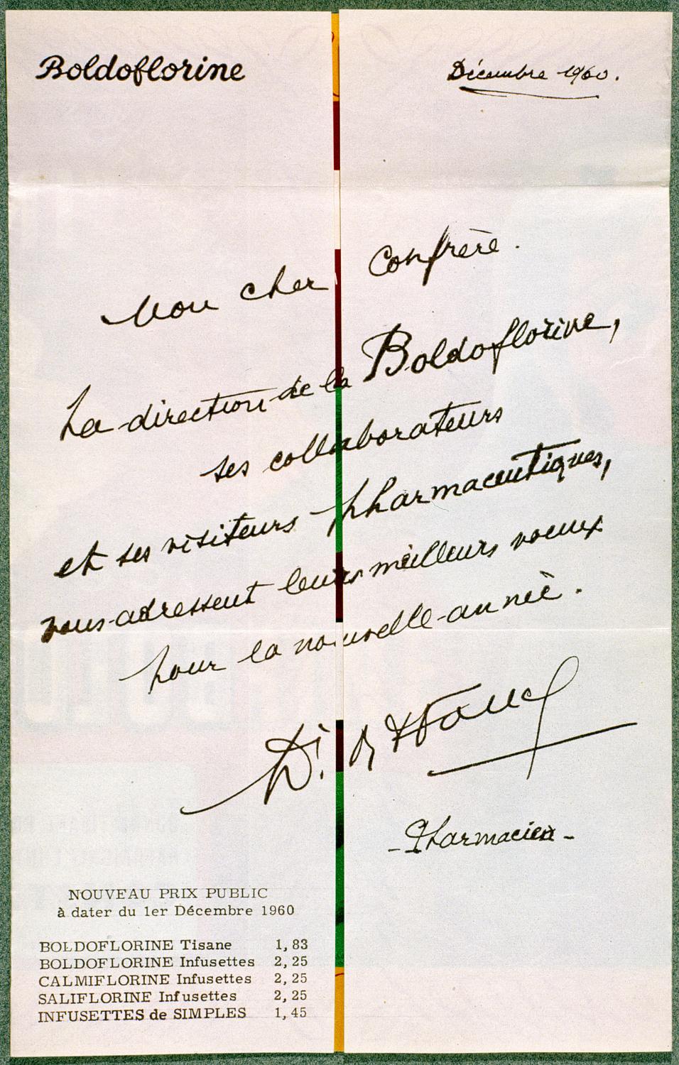 Publicité, carte de voeu de la Boldoflorine pour l'année 1960. Coll. Fouché.