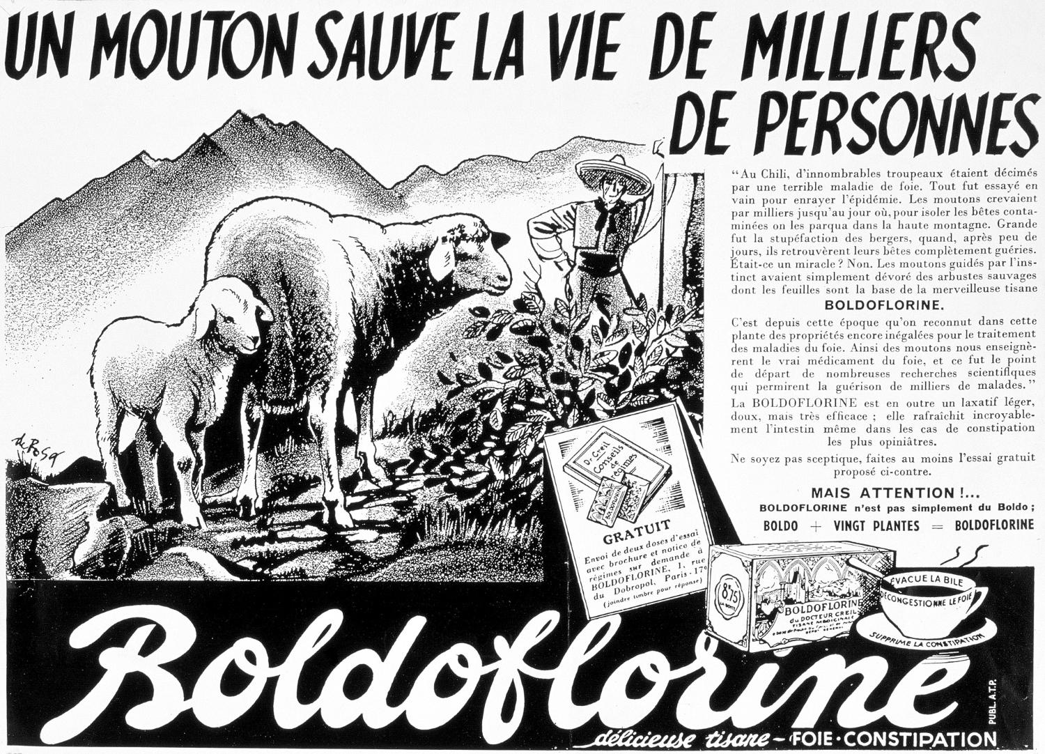 Publicité "un mouton sauve la vie de milliers de personnes...". illustration signée de Rosa. Coll. Fouché. Il s'agit des premières publicités de l'entreprise, pilotées par le docteur René-Paul Fouché, d'ou leur caractère scientifique, avant la collaboration avec Publicis, à la fin des années 30. Présence du docteur Creil, personnage inventé pour les besoins de communication de l'entreprise et qui disparaitra avec Publicis.