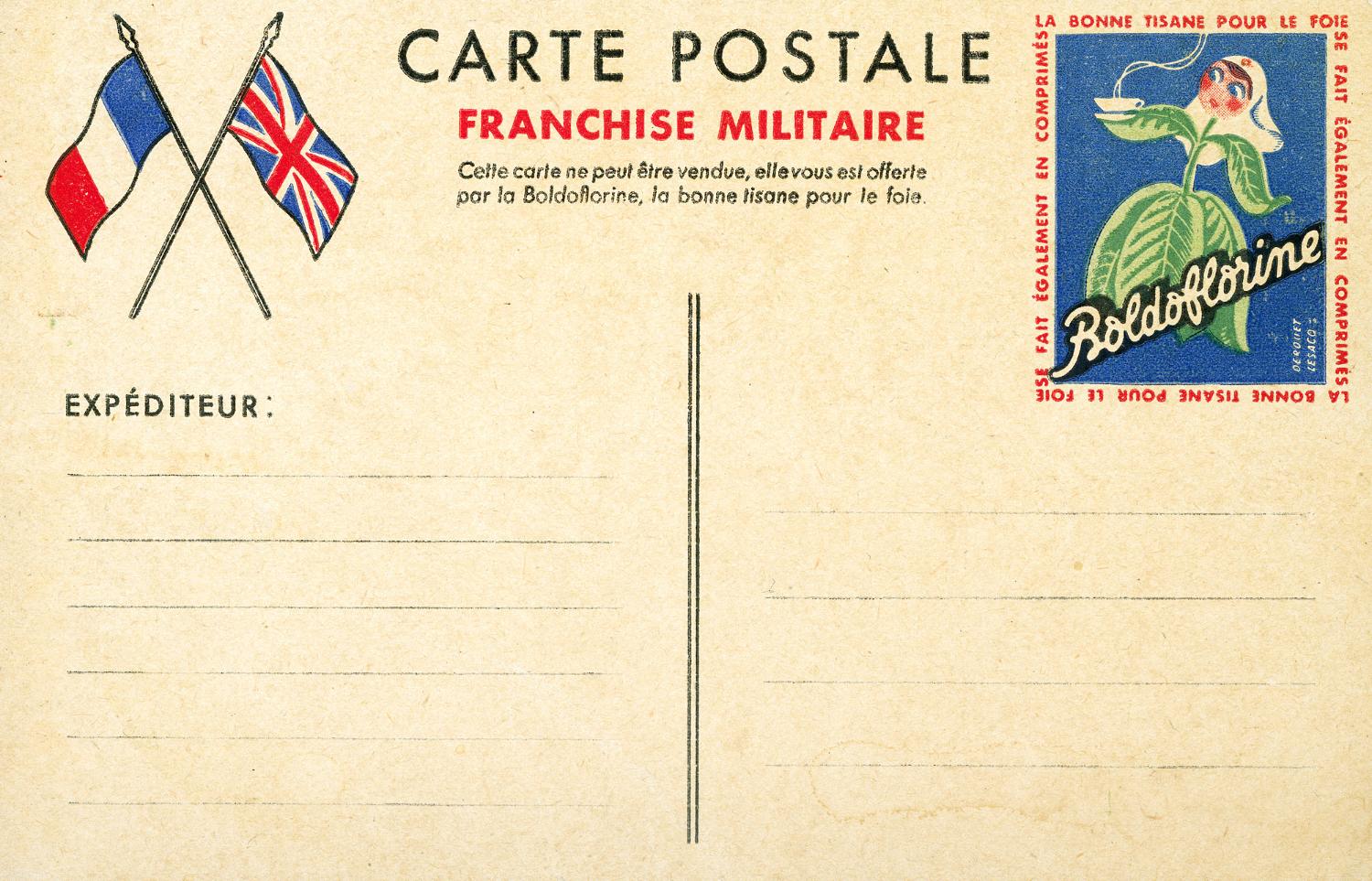 Publicité, carte postale avec une franchise militaire, le timbre est remplacé par l'image de la plante à tête d'infirmière tenant une tasse de tisane. L'illustration est signée "Derouet Lesacq".