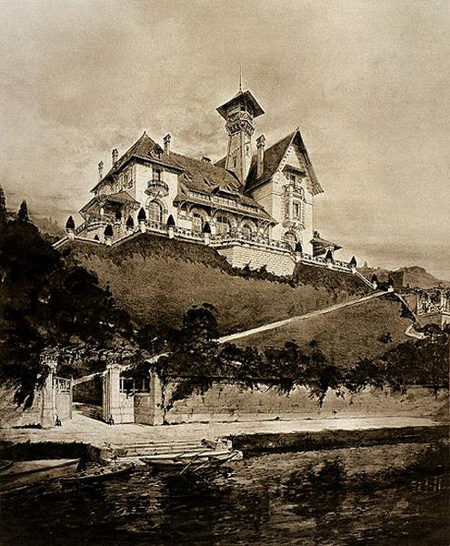 vue du manoir depuis la Seine avec l'embarcadère au premier plan