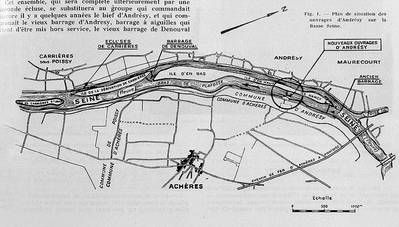 Plan de situation des ouvrages d'Andrésy sur la Basse-Seine