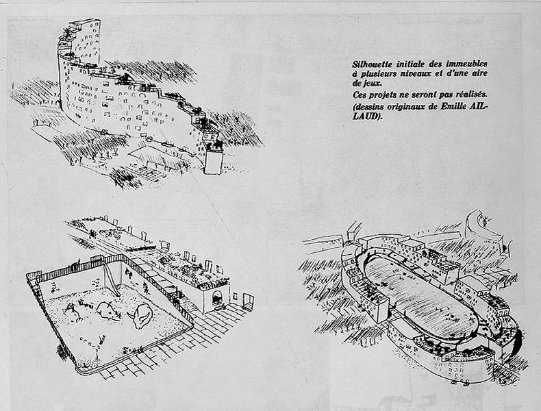 Croquis de différents bâtiments, un serpentin, la place de l'Hippodrome et une aire de jeux.