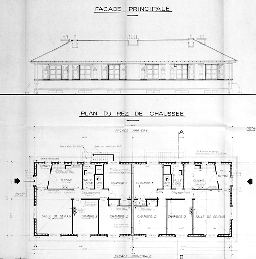 Castors du Rail n°5: façade principale et plan d'une maison double.