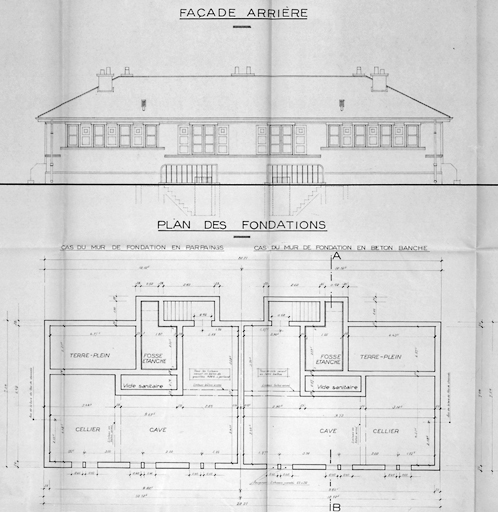 Castors du Rail n°: façade arrière et plan des fondations d'une maison double.