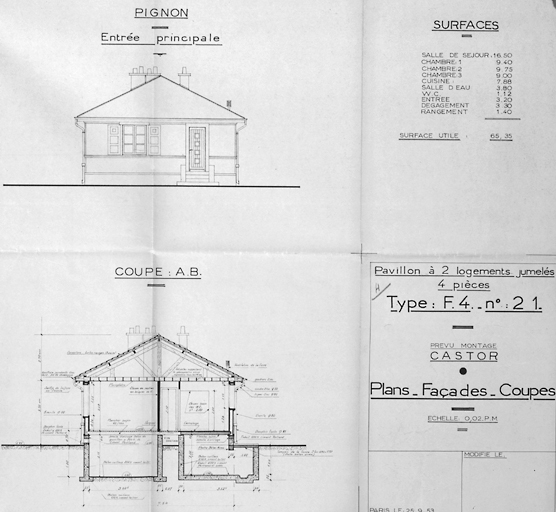 Castors du Rail n°: façade latérale et coupe transversale d'une maison double.